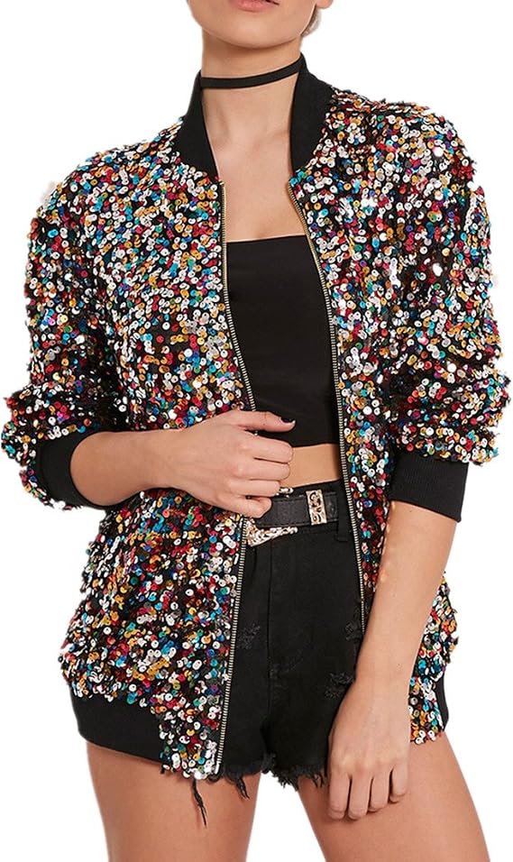 Women's Sequin Fitted Long Sleeve Zipper Blazer Bomber Jacket