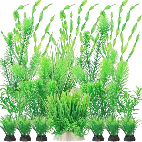 18Pcs Artificial Aquarium All Green Plants Set, Artificial Plastic Plants Fake Aquatic Plants Artificial Fish Tank Plants for Aquarium Decorations
