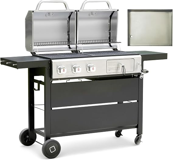 Flintex Gas and Charcoal Grill Combo with Griddle, Propane Grill Griddle Combo with Dual Fuel BBQ System, 720 sq.in. Cooking Area, Porcelain-Enameled Cast Iron Grates and Pan