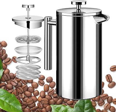 Large French Press Coffee Maker 50oz 1.5L, 304 Stainless Steel Double Wall Insulated Tea Press for Camping, Backpacking, Party, Travel, Gift Set, Dishwasher Safe Silver, 6-8 Cups