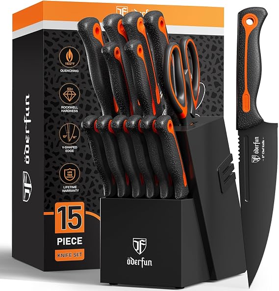 Knife Block Set, 15 PCS Dishwasher Safe Kitchen Knife Set, Non-slip