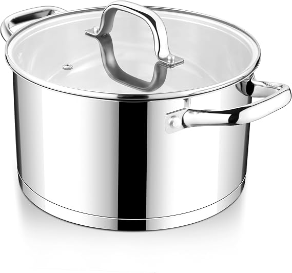E-far Stainless Steel Stock Pot, 8 Quart Pot with Glass Lid for Soup Pasta