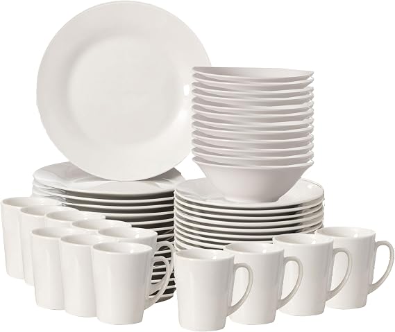 48 PC Rimmed Dinnerware Set for 12 Person | Mugs, Salad and Dinner Plates and Bowls Sets, Dishes with Highly Chip and Crack Resistant, Dishwasher and Microwave Safe, White