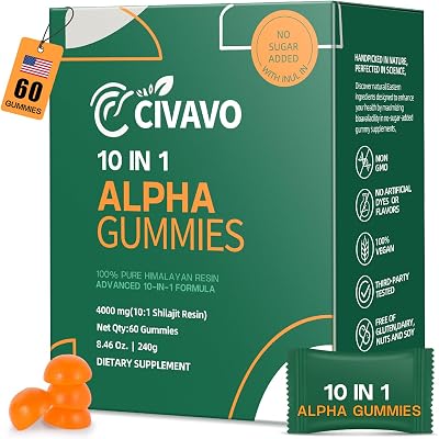 10-in-1 Alpha Shilajit Gummies for Men & Women 4000mg, No Added Sugar,Ashwagandha, Gokshura, Non-GMO, 100% Natural (60 Gummy)