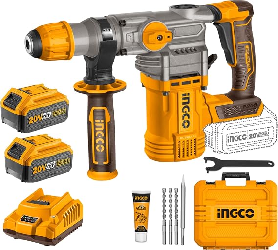 INGCO Lithium-Ion 20V Brushless Rotary Hammer 28mm 4.5J 930RPM 4400BPM 3-in-1 Function Adjustment Knob with 3 Drill Bits and 1 Chisel,  with 2 Pieces of 4.0Ah Batteries and 1 Rapid Charger
