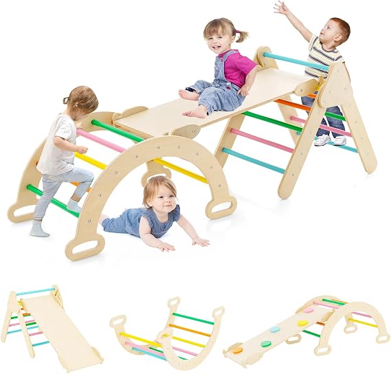 7 in 1 Climbing Frame for Toddlers, Indoor Wooden Foldable Climbing Pikler Triangle Set with Ramp Arch, Montessori Playground Jungle Gym Climber Toys (Rainbow)