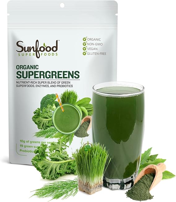 Sunfood Superfoods Organic Supergreens Blend - Greens Superfood Powder, Daily Green Juice Powder, Vegetable Smoothie Drink Mix with Chlorella, Spirulina, Alfalfa, Kale, More - 8 oz Bag