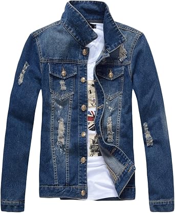 sandbank Men s Classic Button Slim Fit Ripped Washed Denim Jacket Jean Coat
