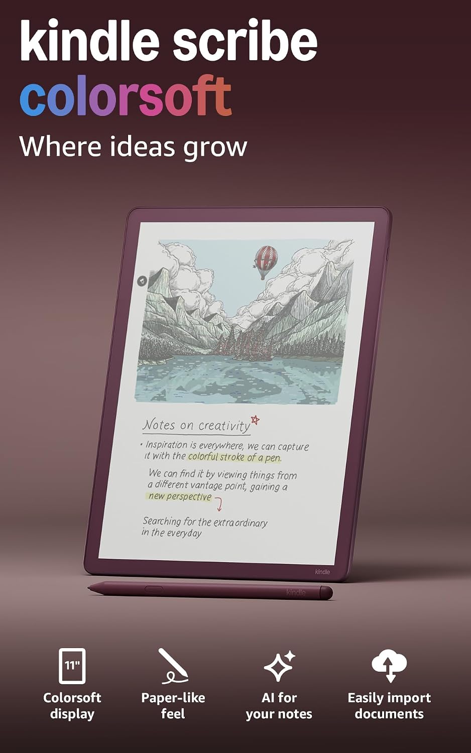 Amazon Kindle Scribe Colorsoft 64 GB (newest gen) — 11” paper-like colour display with front light — Thin, light, powerful — Write in the built-in notebook, documents and books - Fig