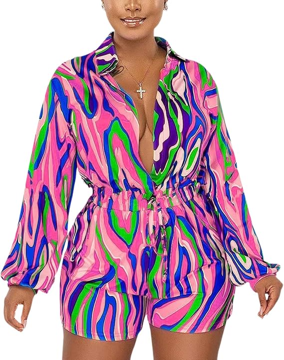 CaniBtr Women's Plus Size Sexy Long Sleeve Printed Elastic Waist Rompers