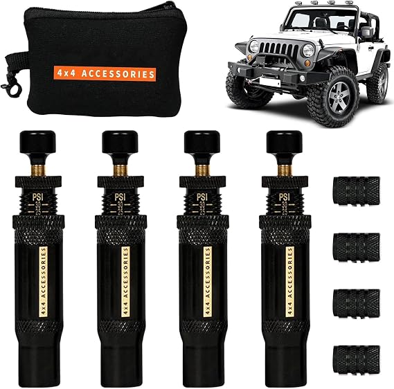 Automatic Tyre Deflator, Quick Tyre Deflator | Adjustable Tyre Air Deflectors | 4-Piece 4x4 Spin- Tyre Inflator (10-30 PSI) Auto- Rapid for Off-Road Vehicles