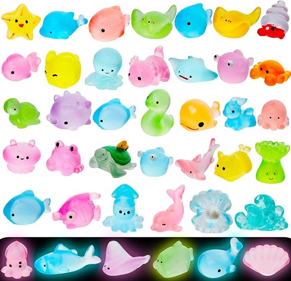 40pcs Luminous Mini Ocean Resin Animals,40 Styles Tiny Sea Animals Glow in The Dark Miniature Little Small Resin Animal Figures Bulk for Fairy Garden Micro Landscape Aquarium Dollhouse Decor