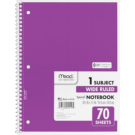 Mead Spiral Notebook, 1 Subject, Wide Ruled Paper, 7-1/2" x 10-1/2", 70 Sheets, Color Will Vary (05510)