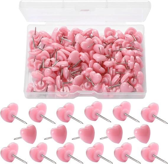 100pcs Push Pins, 0.47inch Plastic Pushpins Pink Push Pins Heart Shaped Cute Thumb Tacks Decorative for Home School Office Notice Board Cork Board