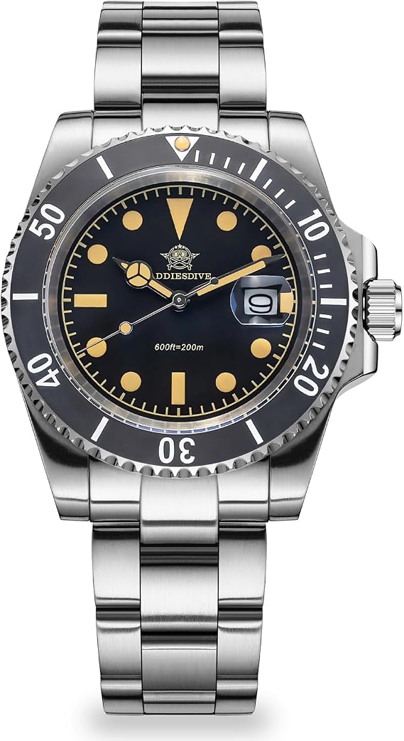 ADDIESDIVE 41mm Mens Quartz Watch Stainless Steel Bracelet Dive Watch, Black 3 Steel, Made in Japan