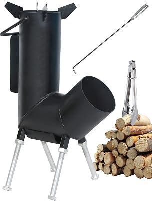 Rocket stove with handle, A portable wood burning camping stove with a fire poker & tongs. wood burning Rocket stove with Large Fuel Chamber Best for outdoor cooking. tent heater & emergency.