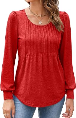 Bluetime Womens Puff Long Sleeve Pleated Front Scoop Neck Tunic Tops Fall Tshirts Shirts Blouses