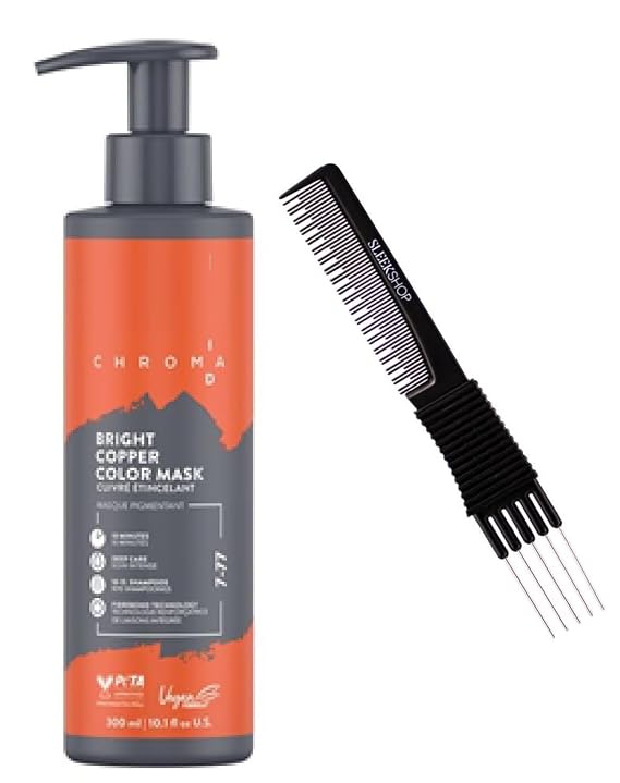 Sleekshop Comb + CHROMA.ID (7-77 Bright Copper) Schwarzkapf Chroma ID Bonding Color Masks, Semi-Permanent Hair Color Dye (w/Sleek Premium Carbon Teasing Comb) ChromaID Haircolor Masque
