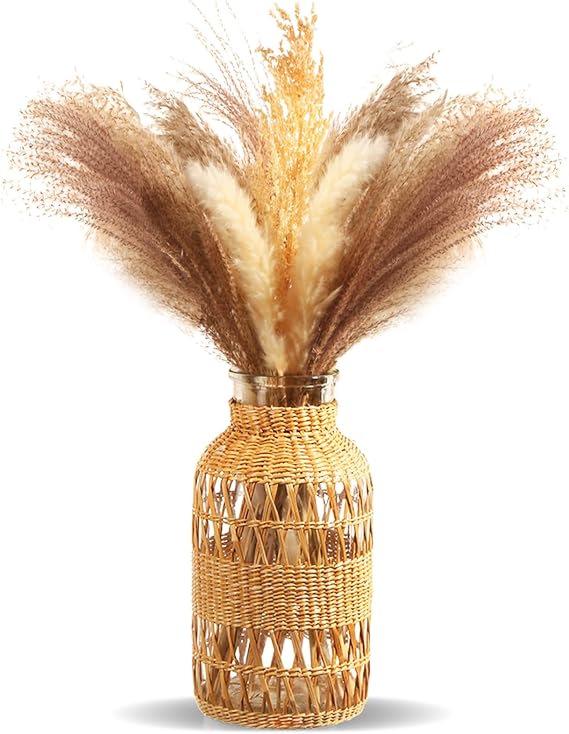 ZENS Rattan Boho Vase, Hand Woven Wicker Cover Glass Flower Vases for Pampas Grass, Artistic Boho Style Country Vase for Fall Flower Decor, Home Table Centerpiece, Farmhouse Decorative