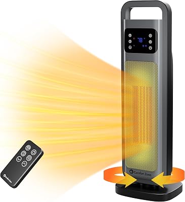 Comfort Zone 26 Oscillating Digital Tower Heater Portable Ceramic Space Heater with Remote, Adjustable Thermostat 50F-90F, 24-Hour Timer, ECO Mode & Overheat Protection ETL Certified, Gray