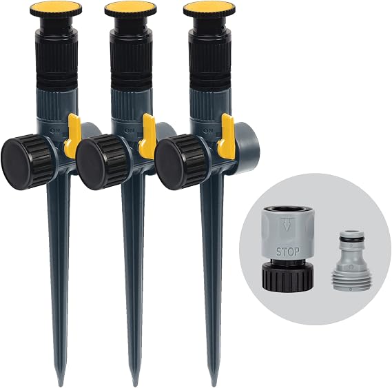 Melnor 65185AMZ Multi-Adjustable Spike Sprinkler Set, 3 Pack, Waters Up to 30 Ft. Diameter Each, Adjustable Angle Direction and Distance, Flow-Through Base, Quick Connect Bundle