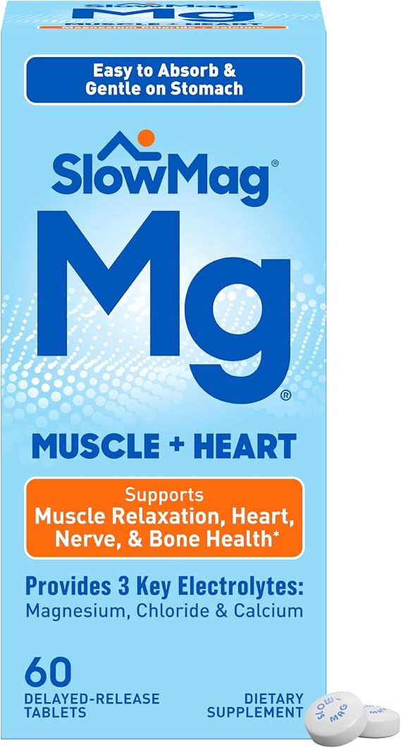 SlowMag Muscle & Heart Magnesium Chloride Supplement with Calcium, 60 Count, Supports Muscle Relaxation, Heart, Nerve & Bone Health, High Absorption