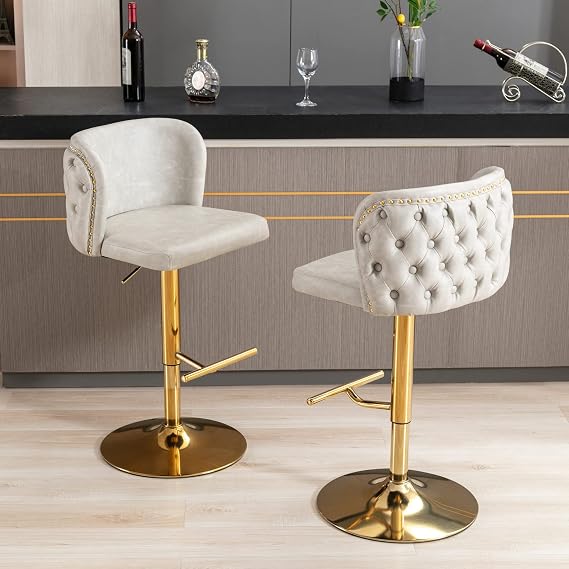 Swivel Bar Stools Set of 2, Adjustable Counter Height Bar Stools Set of 2, Modern PU Upholstered Bar Stools with Back, Swivel Bar Chair for Home Pub, Kitchen Island, Dining Room, Beige