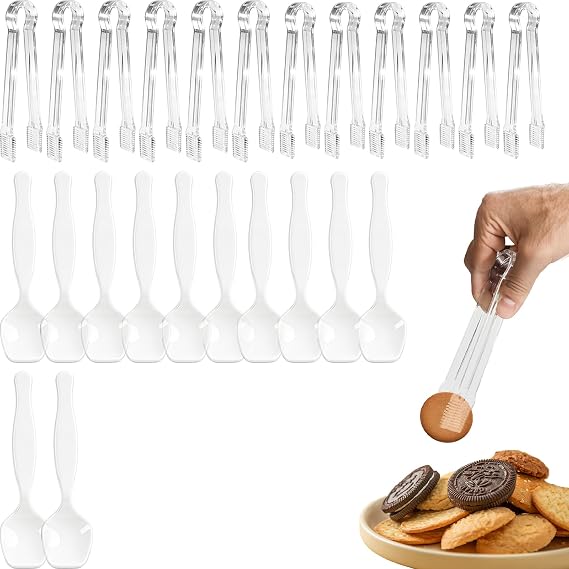 12 Pcs Small Plastic Serving Tongs and 12 Pcs Serving Spoons - Mini Tongs for Serving for Fruits, Candy, Desserts, Appetizers - Disposable Serving Utensils for Party, Buffet & Wedding