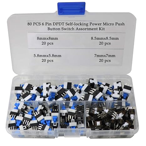 80 Pcs 6 Pin DPDT Self-Locking Power Micro Push Button Switches(5.8X5.8mm 7X7mm 8X8mm 8.5X8.5mm)