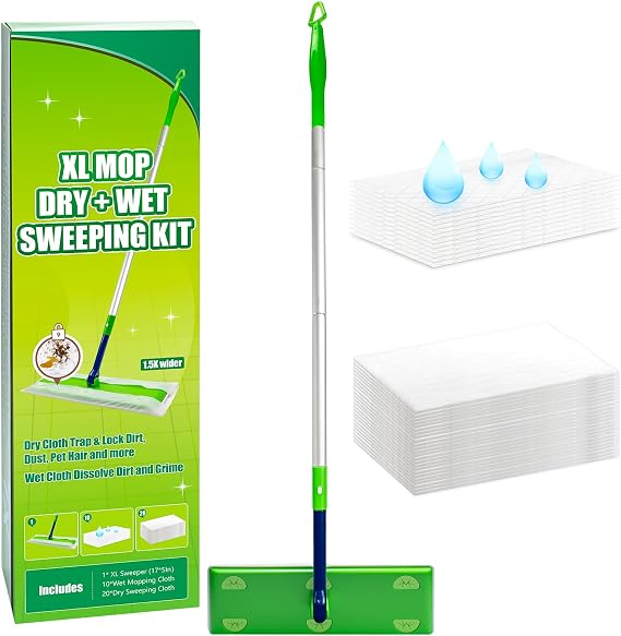 1.5X Wider XL Mop Set - 1 Long-Handle Mop, 10 Wet Pads & 20 Dry Pads, 360 Rotating Head, Fast Cleaning for Hardwood, Tile, Laminate Floors