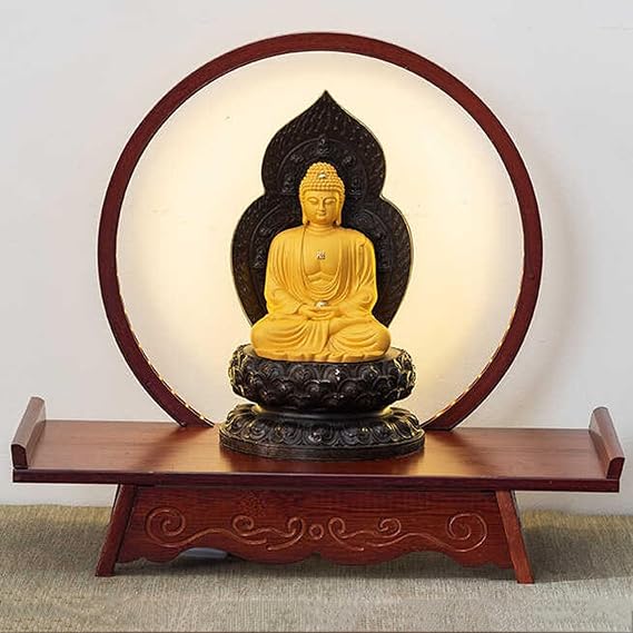 Asian Statue Display Stands with LED Lamp, Buddha Statue Stand Wood Carving Holder, Guanyin Sculpture Stand, Home Craft Antique Collectible Pedestal Vase Base