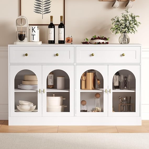 55" Farmhouse Sideboard Buffet Cabinet with Storage, Large Glass Display Cabinet Console Coffee Bar Buffet Table with 2 Drawers & Acrylic Doors for Kitchen, Dining Room, Living Room, White