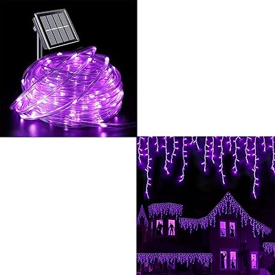YEGUO 66ft 200 LED Halloween Solar Rope Lights 400 LED Halloween Icicle Lights Purple
