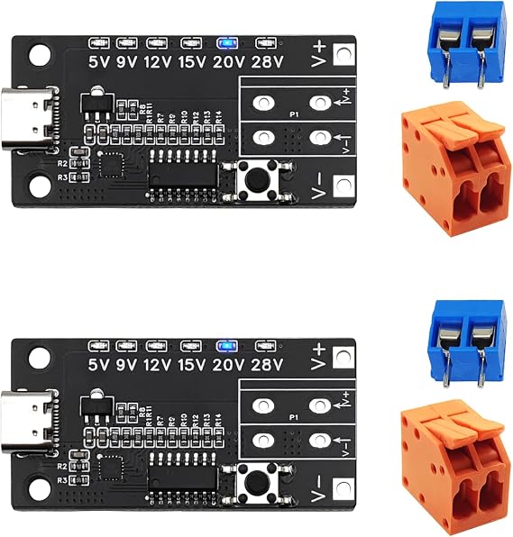 2PCS USB-C PD3.0/3.1 QC Trigger Charging Module Female Input 5V 9V 12V 15V 20V 28V 5A Adjustable Voltage Power PD Sink Board Module Power Trigger with Indicator