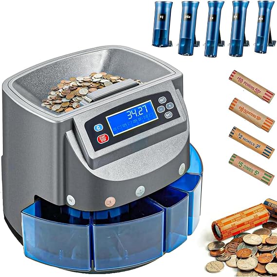 Coin Counter Machine, Coin Sorter Machine with LCD Display, 500 Coins Capacity Automatic Coin Sorter and Wrapper Machine, Sorts up to 270 Coins/min, Change Counter for USD Coin 1 5 10 25 $1