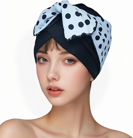 Luckiest MAP Swim Caps Women Adult Retro Polka Dot Bowknot SwimCap for Long and Short Hair Protection,Contouring of The Face, for Swimming Pool/Beach/spa Resorts/Water Aerobics/Spa/Water Park