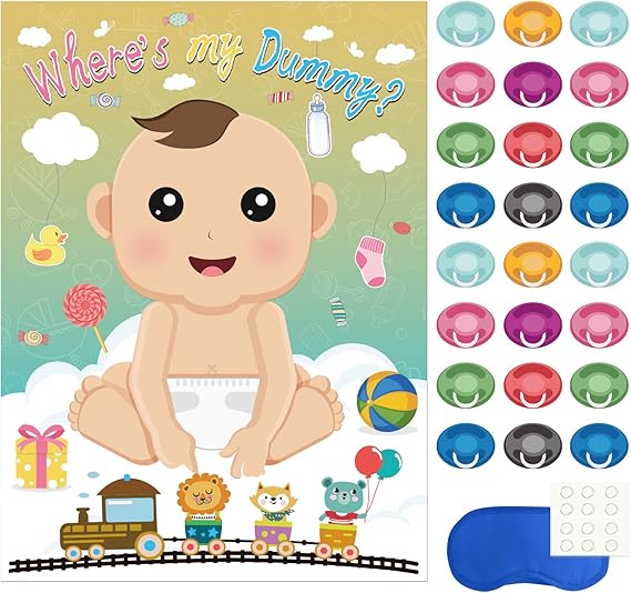 FEPITO Baby Shower Party Games, Pin the Dummy on the Baby Game with 24Pcs Pacifier Stickers for Baby Shower Party Supplies
