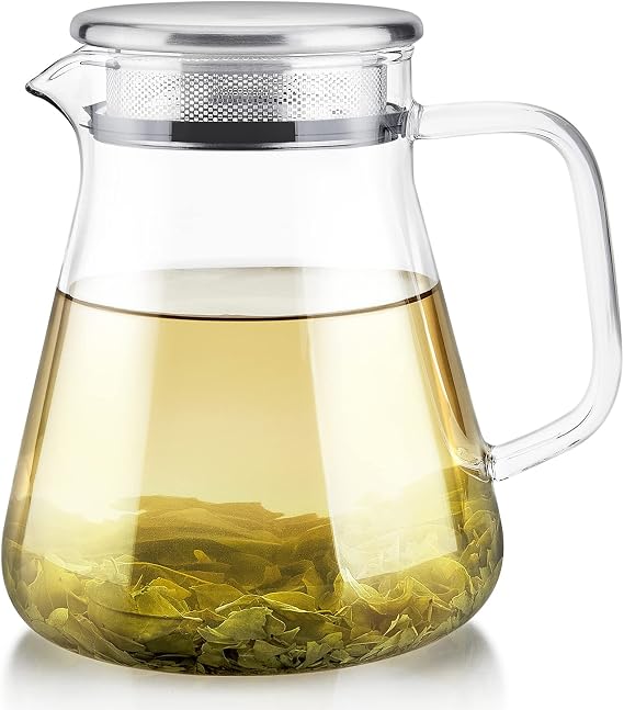 Teabloom One-Touch Tea Maker, 2-in-1 Teapot and Kettle with Stainless Steel Filter Lid for Loose Tea Stain-Free Borosilicate Glass Teapot (27 Oz) Tea Connoisseur's Choice