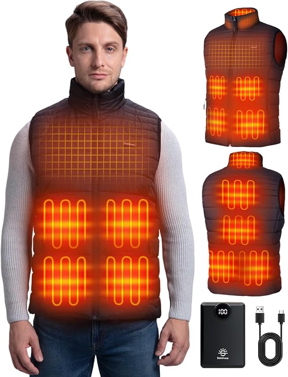 Soleilwear Mens Heated Vest with 12000mAh Battery, 9 Heated Zones Lightweight Rechargeable Vest for Camping Ski Outdoor