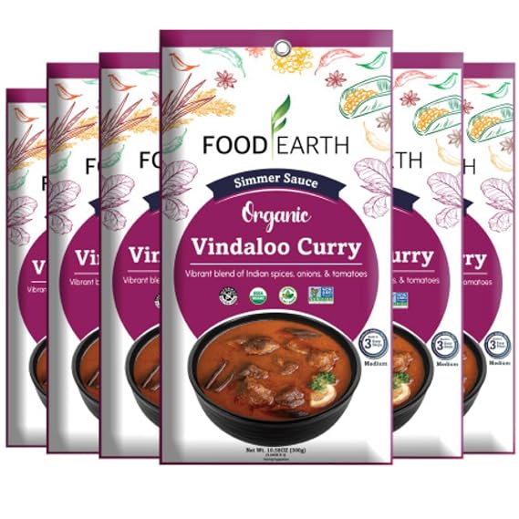 Indian Simmer Sauce Vindaloo Curry Organic, Vegan, Gluten-Free, GMO-Free Microwavable Cooking Sauce pack of 6 (5.29 oz Each)