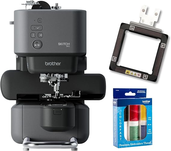 Brother Skitch Single-Needle Embroidery Machine with Artspira Connection, SAMFP70 3" x 3" Magnetic Embroidery Frame, Premium Embroidery Thread 6 Spools