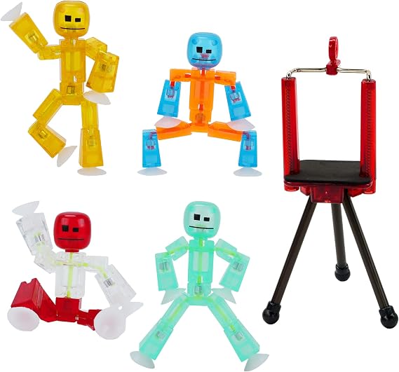 Zing Stikbots Set of 4 Clear Poseable Action Figures with Mobile Phone Tripod | Stop Motion Animation Toys for Kids Ages 4+ (Clear (Mixed + GID))