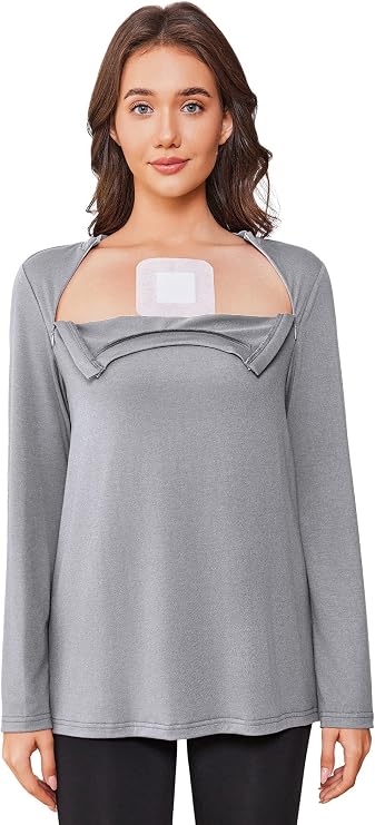 Deyeek Chemo Shirt for Women, Long Sleeve Port Access Dialysis Surgery Top