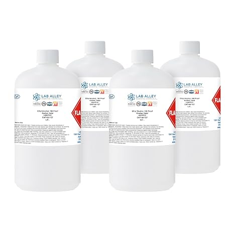 Lab Alley Ethanol 190 Proof (95%) USP/FCC Food Grade Alcohol, Grain Alcohol Solvent, Kosher, Laboratory & Extraction Use, 1 Gallon (4 x 1 Quart Bottles)