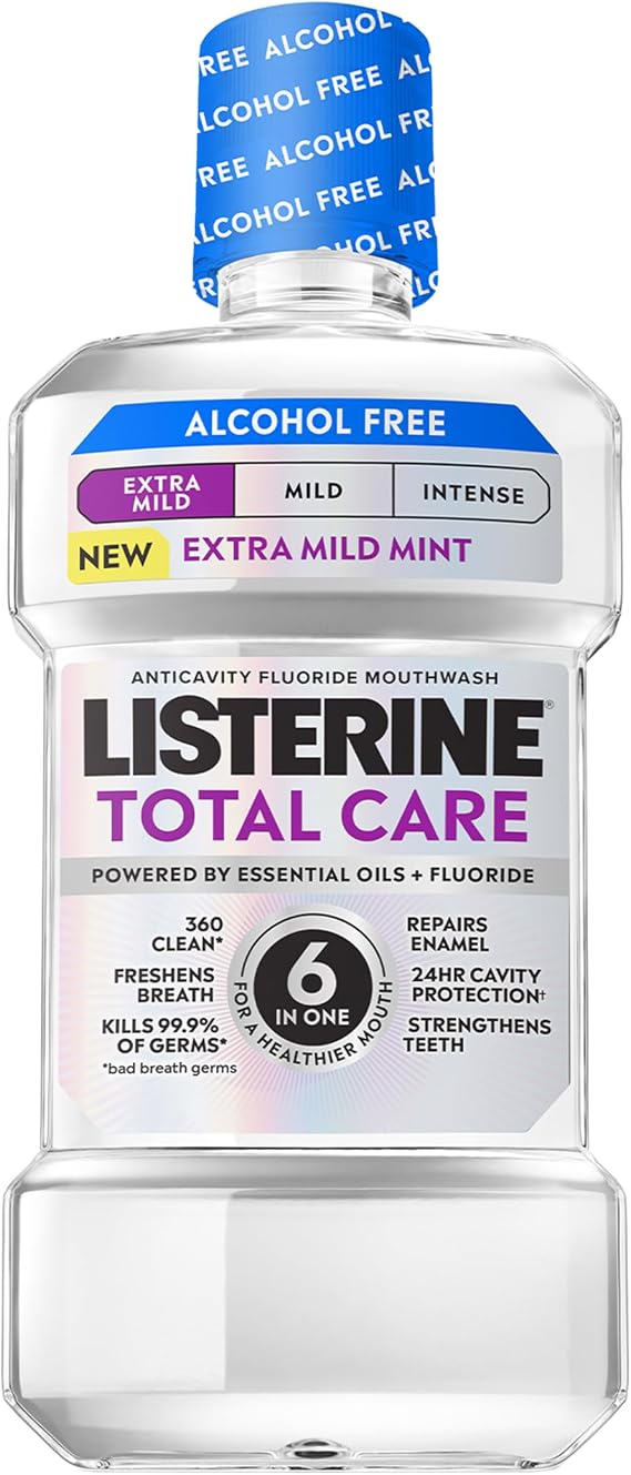 Listerine Extra Mild Alcohol Free Mouthwash, Total Care, 33.8 fl. oz/1L | Anticavity Fluoride Mouthwash, Dye Free, No Burn Oral Rinse, Prevents Cavities, ADA Accepted, Kills 99.9% of Bad Breath Germs