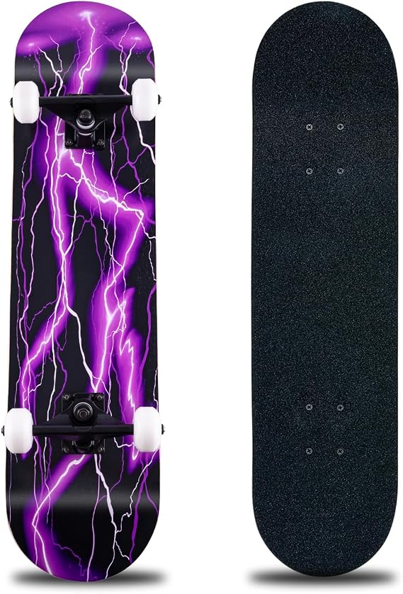 Skateboard,31 x 8 Inch Complete Skateboard, 8-Layer Maple Wood Deck Double Kick Standard Skateboards for Kids, Teens, Adult, Beginner