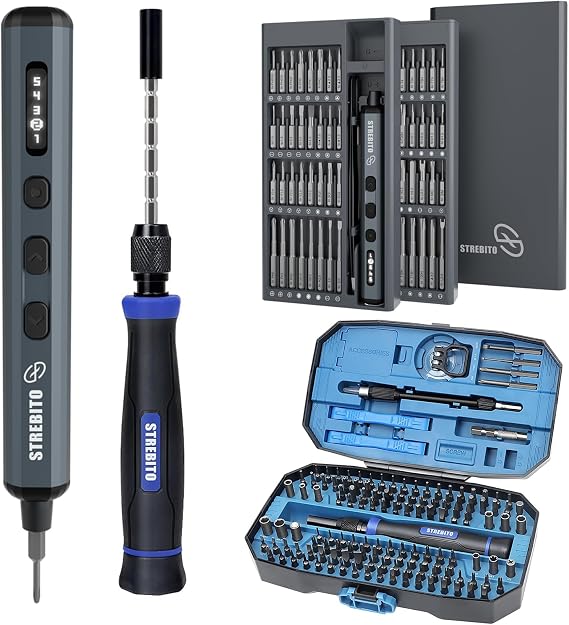 STREBITO Mini Electric Screwdriver Set, 70-in-1 Max Precision Electric Screwdriver Kit with 5 Upgraded Torque Levels + STREBITO Precision Screwdriver Set 153 in 1