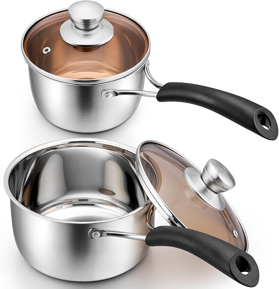 P&P CHEF 1+2 QT Sauce Pan With Lid, Small Pot Saucepan for Milk, 3 Pcs | Stainless Steel Saucepan, Small Sauce Pot for Cooking, Visible Glass Lid & Bakelite Heat-Proof Handles,Dishwasher Safe