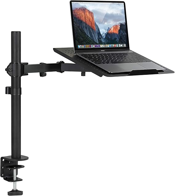 Mount-It! Laptop Desk Mount with Pole, Height Adjustable Laptop Stand Mount for Desk with Vented Tray, Full Motion Laptop Arm for 1117 Inch Laptops, 22 lb Capacity, Clamp or Grommet Base