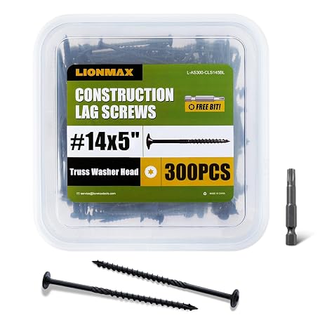 LIONMAX Lag Screws 5 Inch, Timber Screws #14 x 5, 300-PCS, Black
